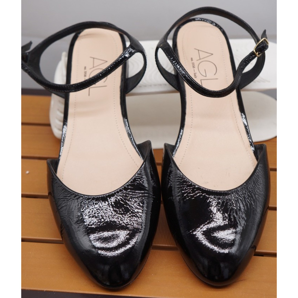 AGL Milly Ankle Strap Slingback Ballet Flats 40 / 9 Black Patent leather $395